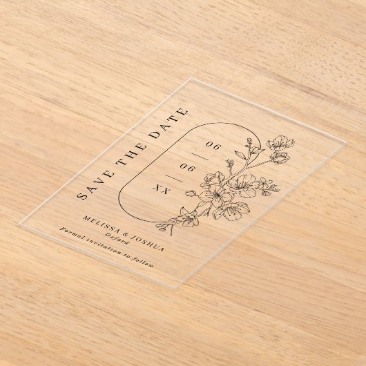 Black & White Floral Photo Wedding Save the Date Acryl Uitnodigingen (Laagn)