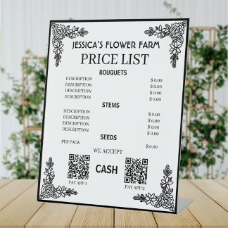 Black & White Floral Qr Code Business Price List Reclamebord Met Voetstuk