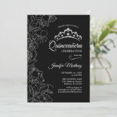 Black White Floral Quinceanera Party Kaart (Staand voorkant)