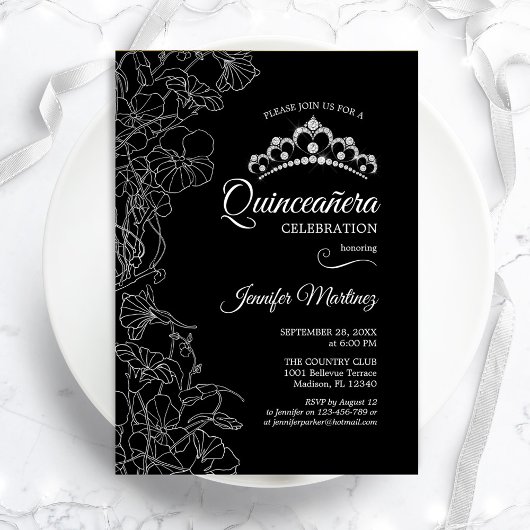 Black White Floral Quinceanera Party Kaart