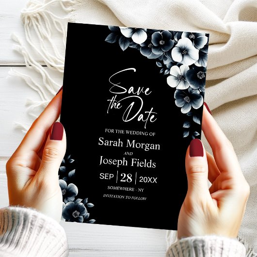 Black White Floral Save the Date Kaart