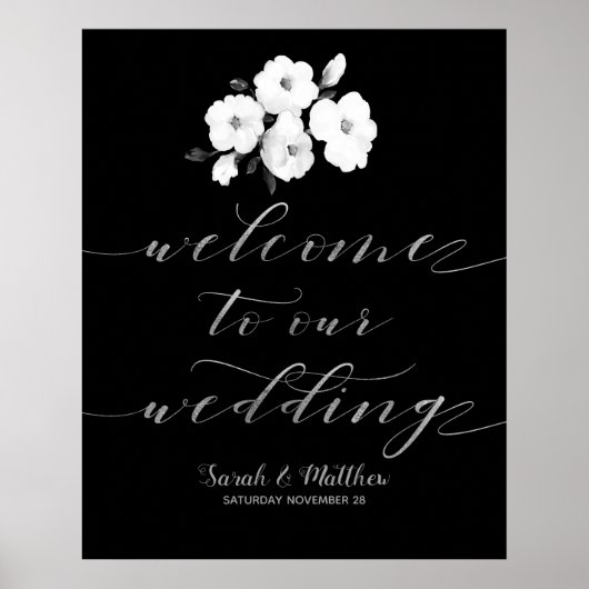 Black White Floral Silver Welkom op ons huwelijk Poster (Voorkant)