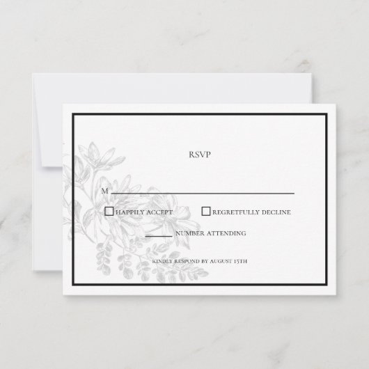 Black White Floral Simple Wedding RSVP Kaart (Voorkant)