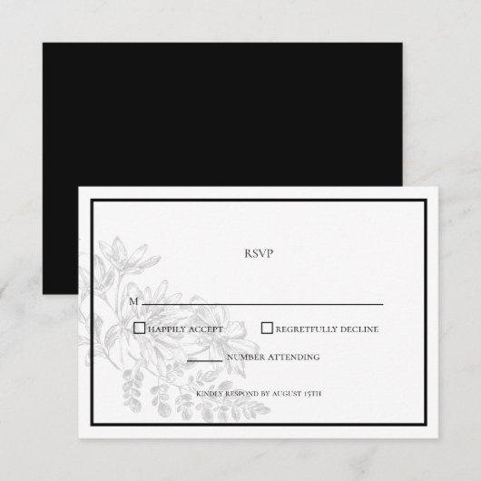 Black White Floral Simple Wedding RSVP Kaart (Voorkant / Achterkant)