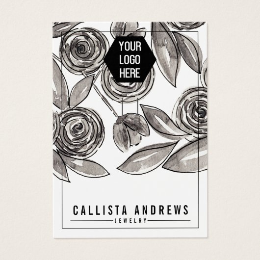 Black White Floral Sleutelhanger Logo Display Kaar Visitekaartje (Voorkant)