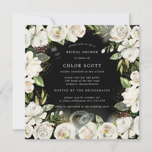 Black White Floral Square Bridal Shower Kaart (Voorkant)
