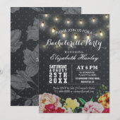 Black White Floral String Light Bachelorette Party Kaart (Voorkant / Achterkant)