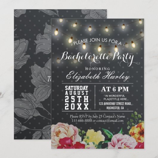 Black White Floral String Light Bachelorette Party Kaart (Voorkant / Achterkant)