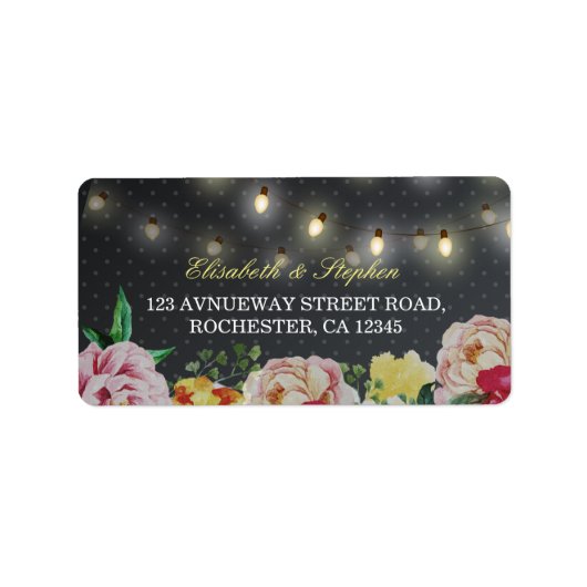 Black White Floral String Light Polka Dots Wedding Etiket (Voorkant)