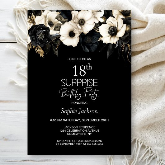 Black White Floral Surprise 18e verjaardagsfeestje Kaart