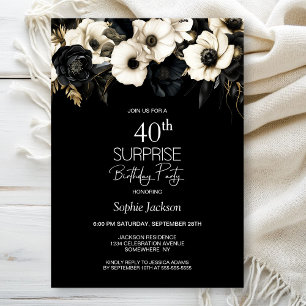 Black White Floral Surprise 40ste verjaardagsfeest Kaart