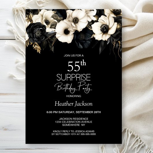 Black White Floral Surprise 55e verjaardagsfeestje Kaart