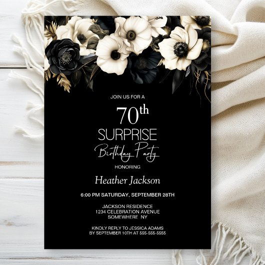 Black White Floral Surprise 70ste verjaardagsfeest Kaart