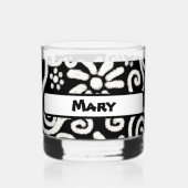 Black White Floral Swirls Pattern Personalized Whisky Glas (Achterkant)