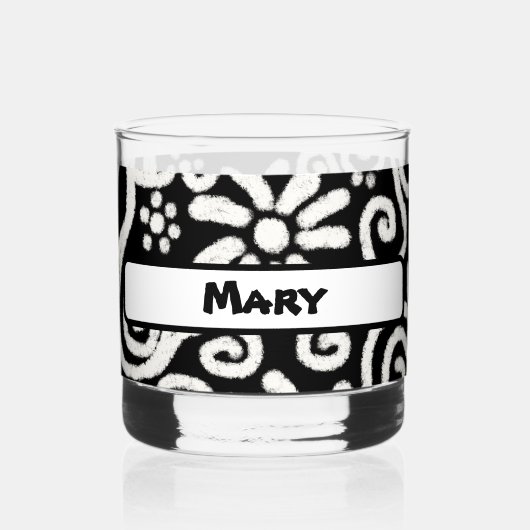 Black White Floral Swirls Pattern Personalized Whisky Glas (Achterkant)