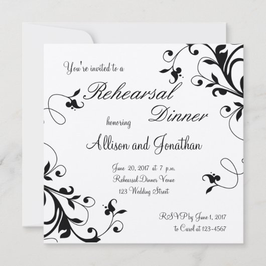 Black White Floral Swirls Rehearsal Dinner Invite Kaart (Voorkant)