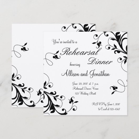 Black White Floral Swirls Rehearsal Dinner Invite Kaart (Voorkant / Achterkant)