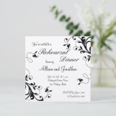 Black White Floral Swirls Rehearsal Dinner Invite Kaart (Staand voorkant)