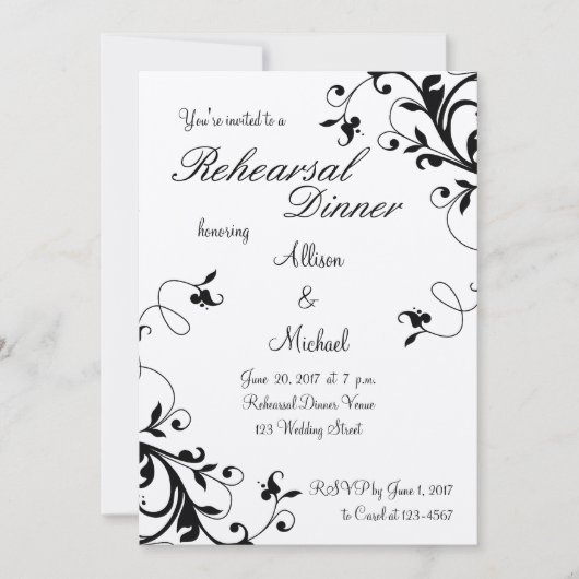 Black White Floral Swirls Rehearsal Dinner Invite Kaart (Voorkant)