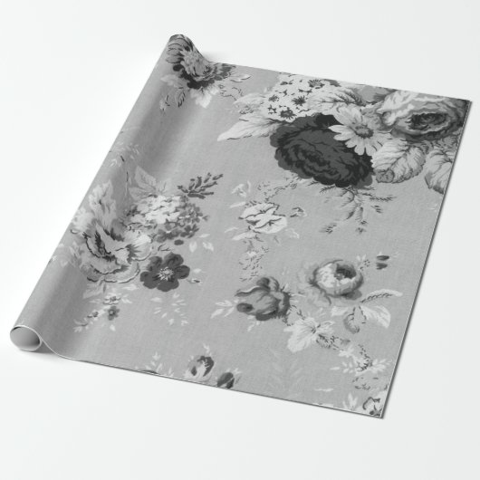 Black White  Floral Toile Fabric No.5 Cadeaupapier (Uitgerold)