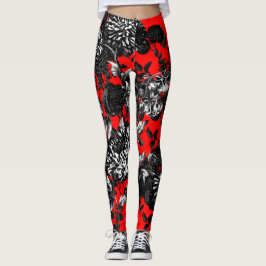 Black White Floral Toile Flower Garden Leggings