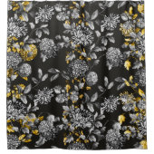 Black White Floral Toile Gold Trim Soft Black Douchegordijn (Voorkant)