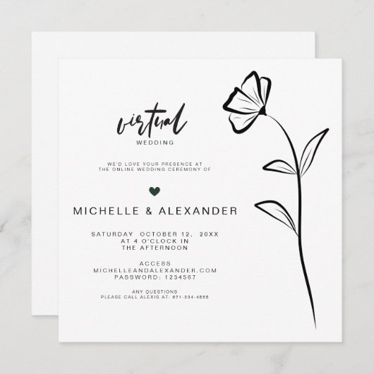 Black White Floral Virtuele bruiloft uitnodiging (Voorkant / Achterkant)