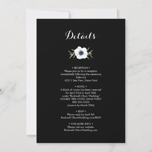 Black White Floral Wedding All-in-One uitnodiginge (Achterkant)