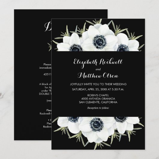 Black White Floral Wedding All-in-One uitnodiginge (Voorkant / Achterkant)