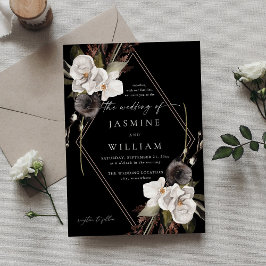 Black & White Floral Wedding B- Black Kaart