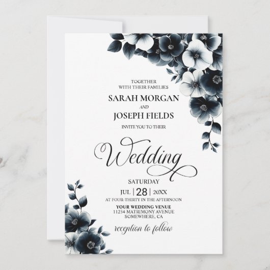 Black White Floral Wedding Kaart (Voorkant)