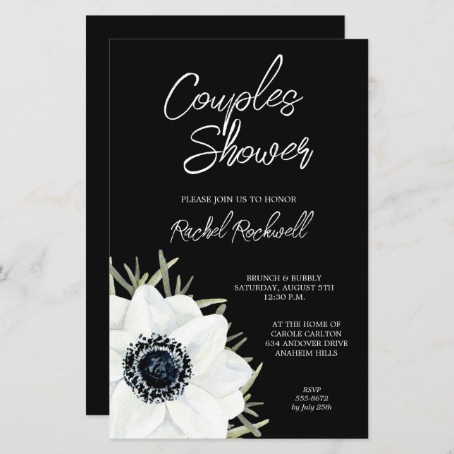 Black White Floral Wedding Shower-uitnodigingen (Voorkant / Achterkant)