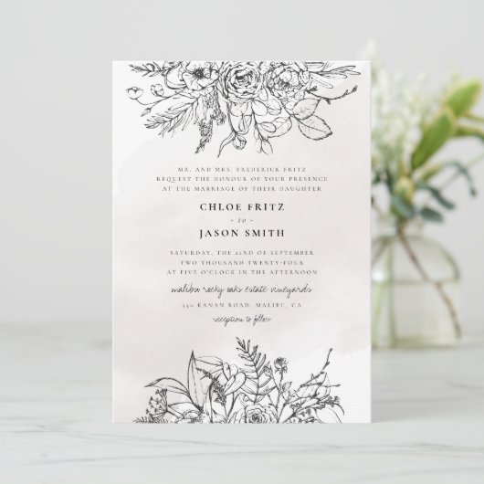 Black White Floral Winter Mountain Simple Wedding  Kaart (Staand voorkant)
