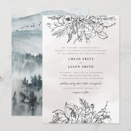 Black White Floral Winter Mountain Simple Wedding  Kaart (Voorkant / Achterkant)