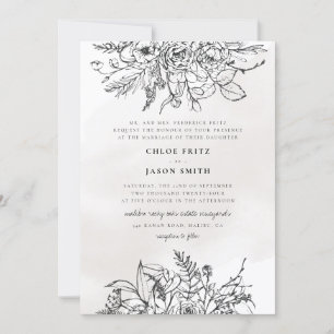 Black White Floral Winter Mountain Simple Wedding Kaart