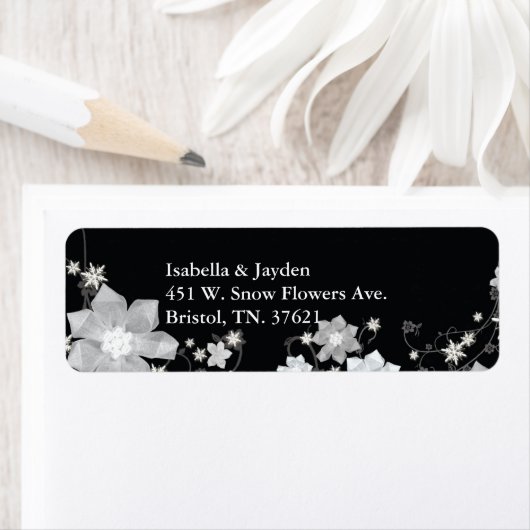Black White Floral Winter Wedding Address Etiket (Insitu)