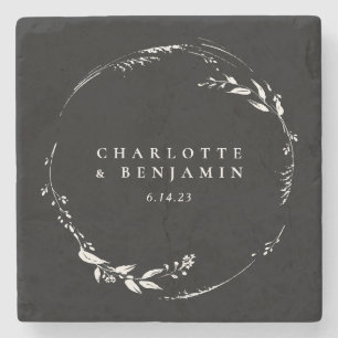 Black White Floral Wreath Monogram op maat Stenen Onderzetter