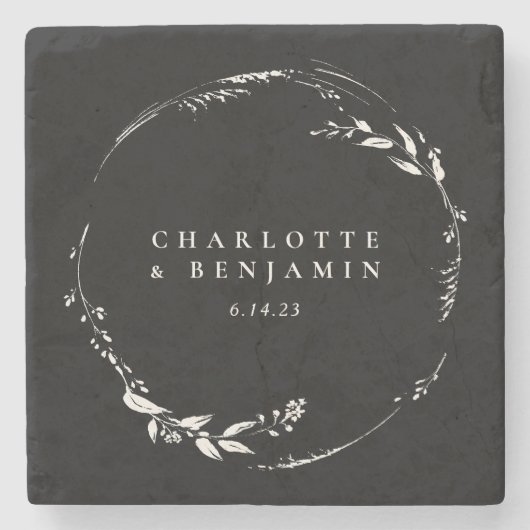 Black White Floral Wreath Monogram op maat Stenen Onderzetter (Voorkant)