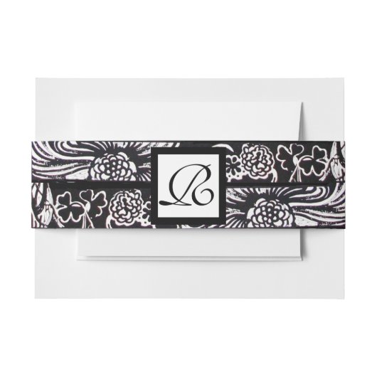Black White Flowers and Shamrocks Floral Monogram Uitnodigingen Wikkel (Voorkant Voorbeeld)