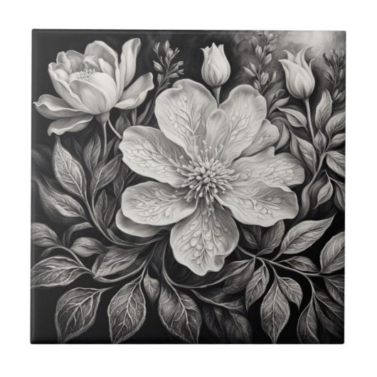 Black & White Flowers Tegeltje (Voorkant)