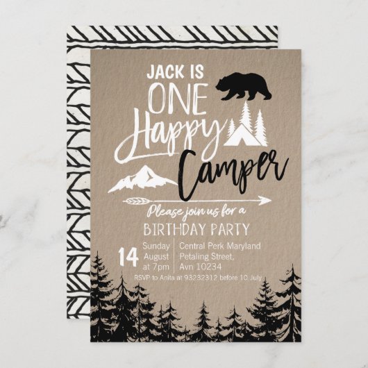 Black White Forest Camping Birthday Kaart (Voorkant / Achterkant)