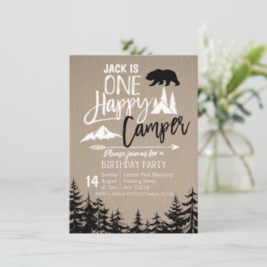 Black White Forest Camping Birthday Kaart (Staand voorkant)