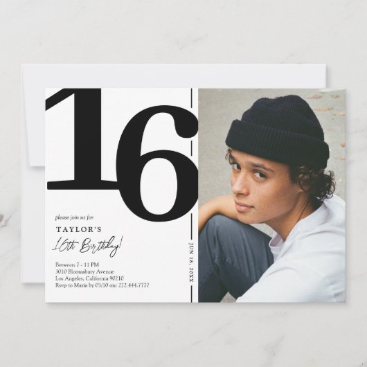 Black White foto 16th Birthday Party Kaart (Voorkant)