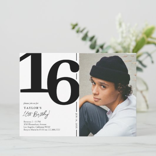 Black White foto 16th Birthday Party Kaart (Staand voorkant)