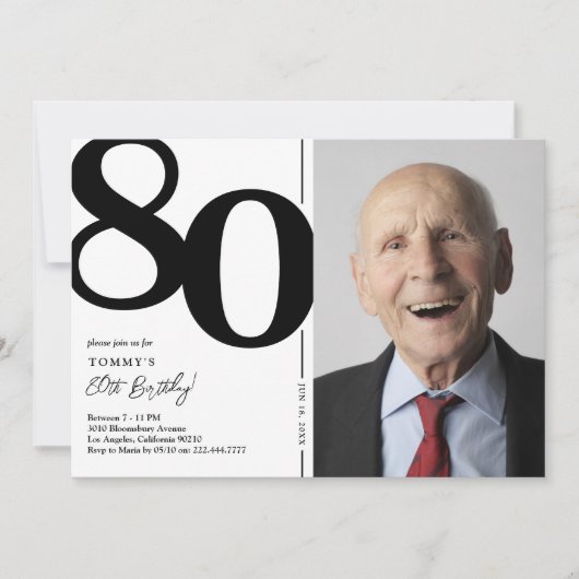 Black White foto 80th Birthday Party Kaart (Voorkant)