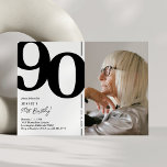 Black White foto 90th Birthday Party Kaart<br><div class="desc">Creëer blijvende herinneringen op je 90e verjaardagsbassin met deze klassieke uitnodigingen van de zwarte en witte verjaardagspartij! Deze uitnodigingen zullen de geest van de gelegenheid weerspiegelen door een groot vet serif lettertype met het cijfer '90', een foto van de verjaardagsjongen/het meisje en een moderne sjabloon die gemakkelijk te personaliseren is....</div>