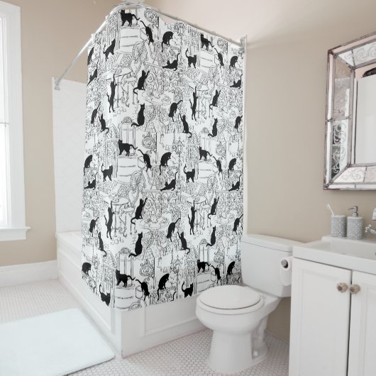 Black White French Cat Paris Cafe Shower Curtain Douchegordijn (In situ)