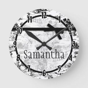 Black White French Fabric Toile Personalized Clock Ronde Klok