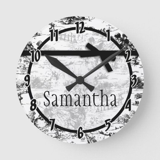 Black White French Fabric Toile Personalized Clock Ronde Klok (Voorkant)