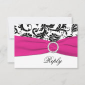 Black, White, Fuchsia Damask Reply Card RSVP Kaartje (Voorkant)